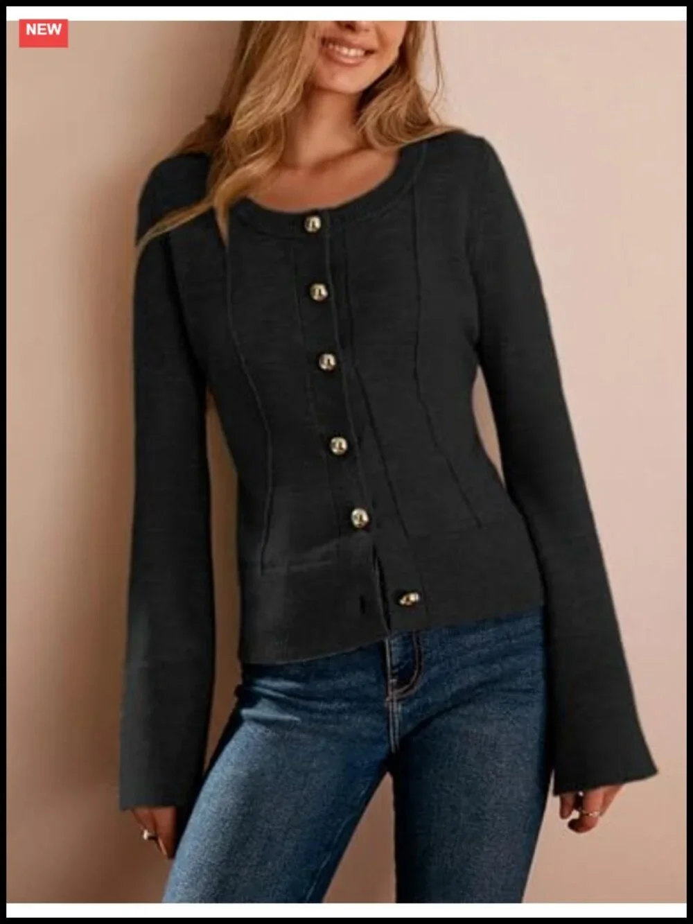 Lightweight Knit Cardigan with Bell Sleeves and Gold Buttons